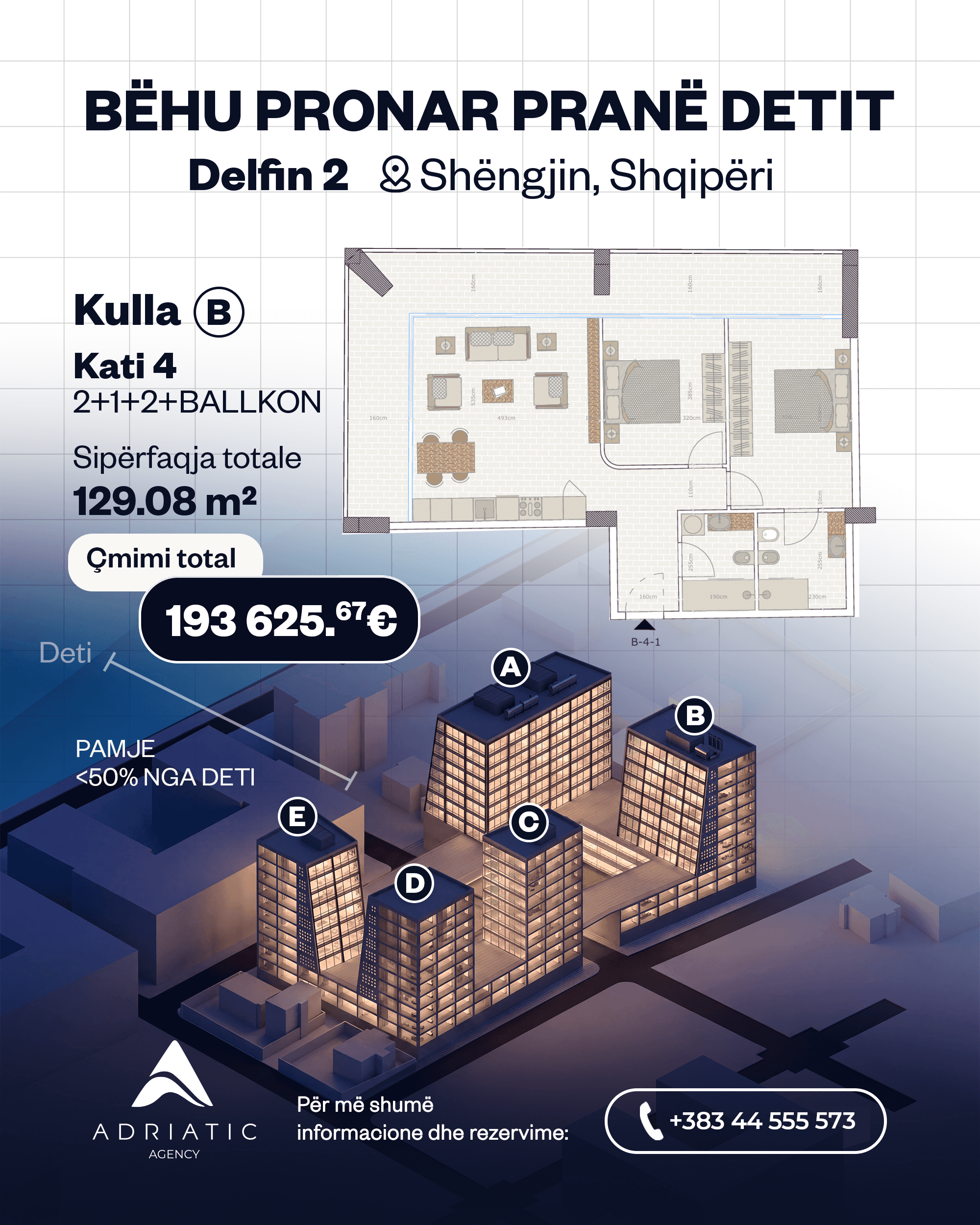 Spacious 2+1 apartment with balcony for sale in Shkodër