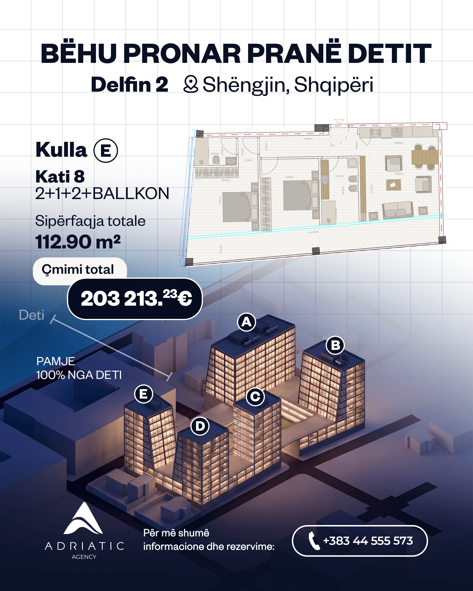Apartament 2+1 me pamje nga deti në shitje në Shëngjin 2