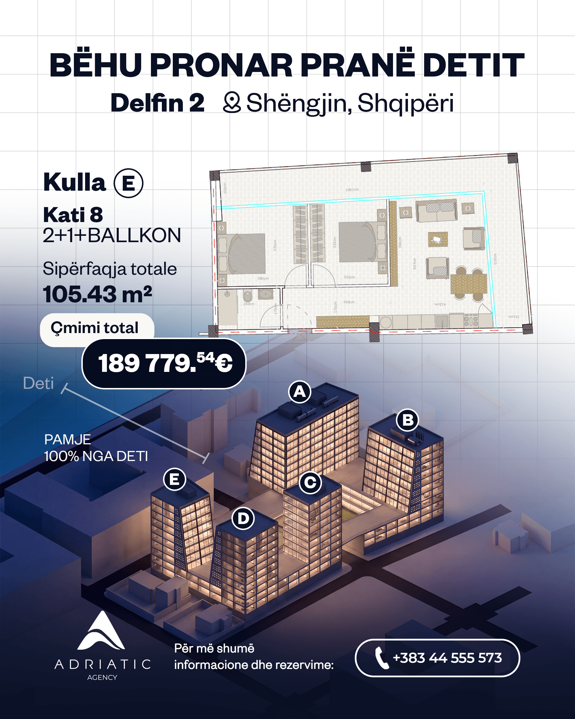 Apartament 2+1 me pamje nga deti në shitje në Shëngjin 3