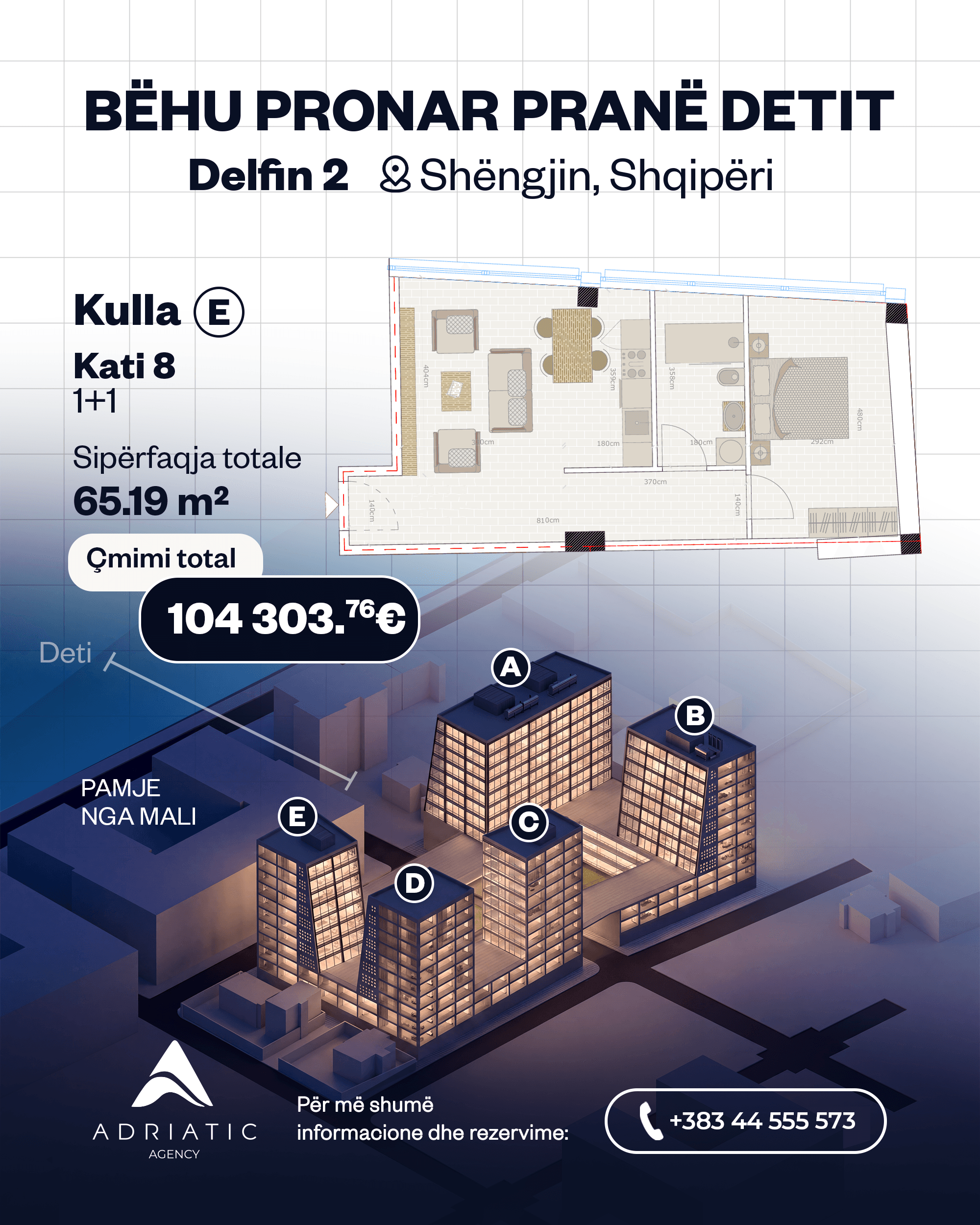 Apartament 1+1 në katin e tetë me pamje nga mali, Shkodër 3