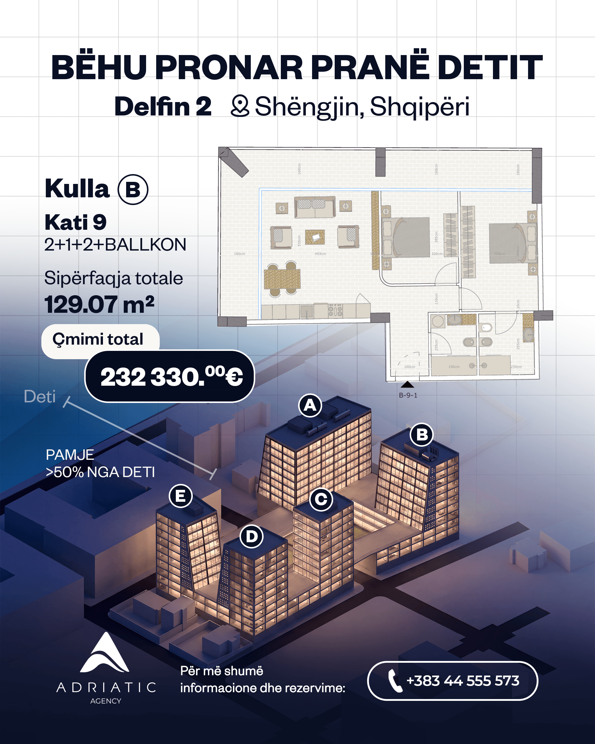 Apartament i bollshëm 2+1 në katin e 9-të në Shengjine 3