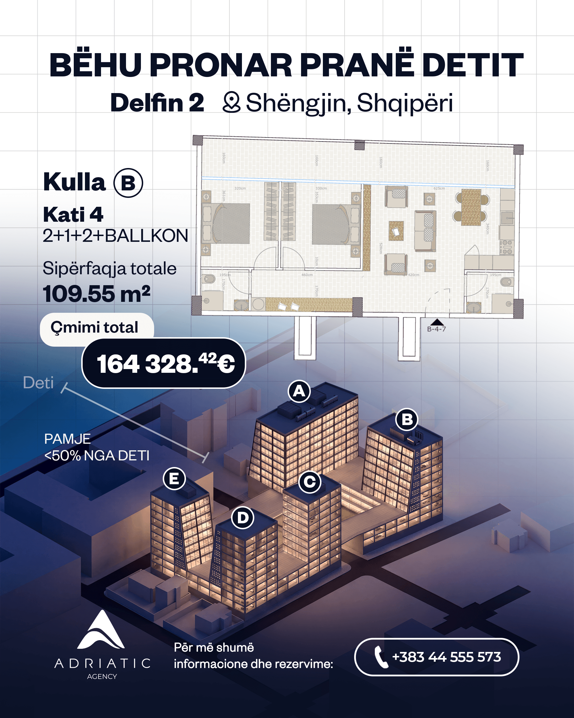 Apartament i bollshëm 2+1 me ballkon në shitje, Shengjine 3