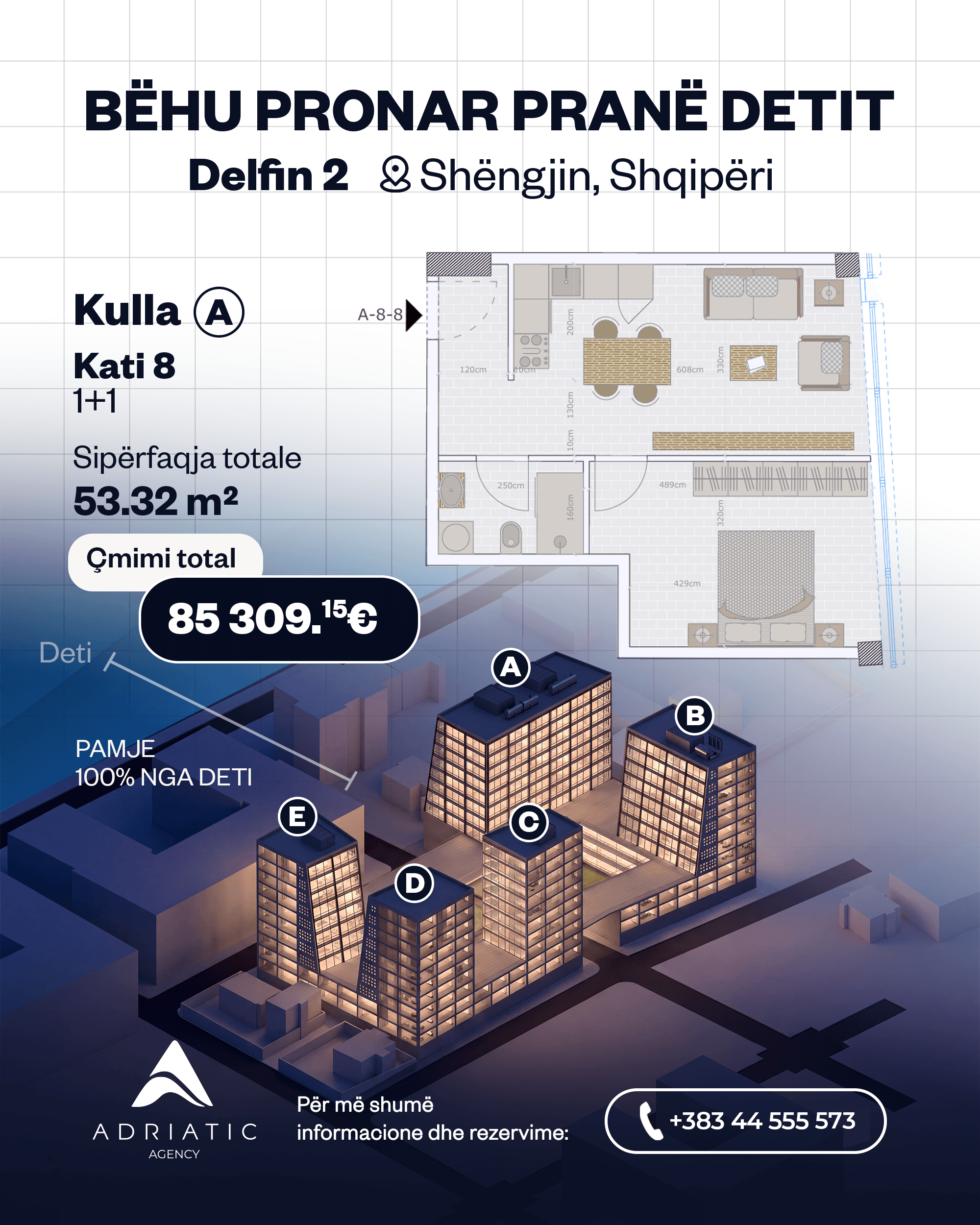 Apartament 1+1 me pamje nga deti në Kompleksin Delfin 3