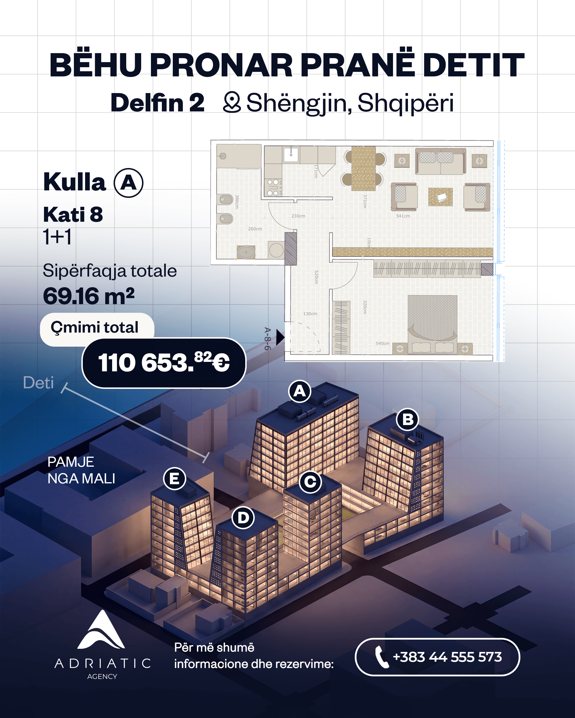 Apartament 1+1 me pamje nga mali në Kompleksin Delfin 2