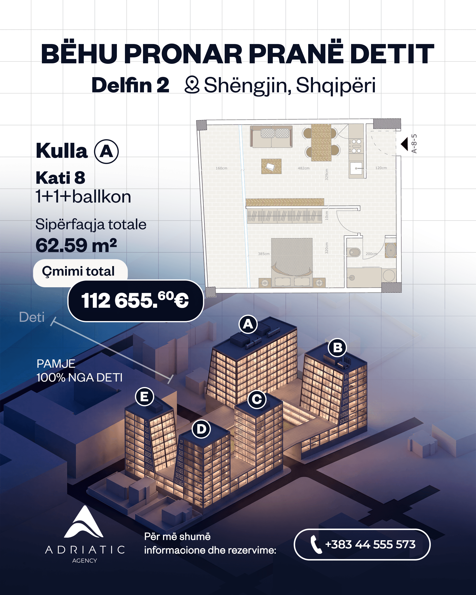 Apartament 1+1 në shitje me sipërfaqe 62.59 m²  2