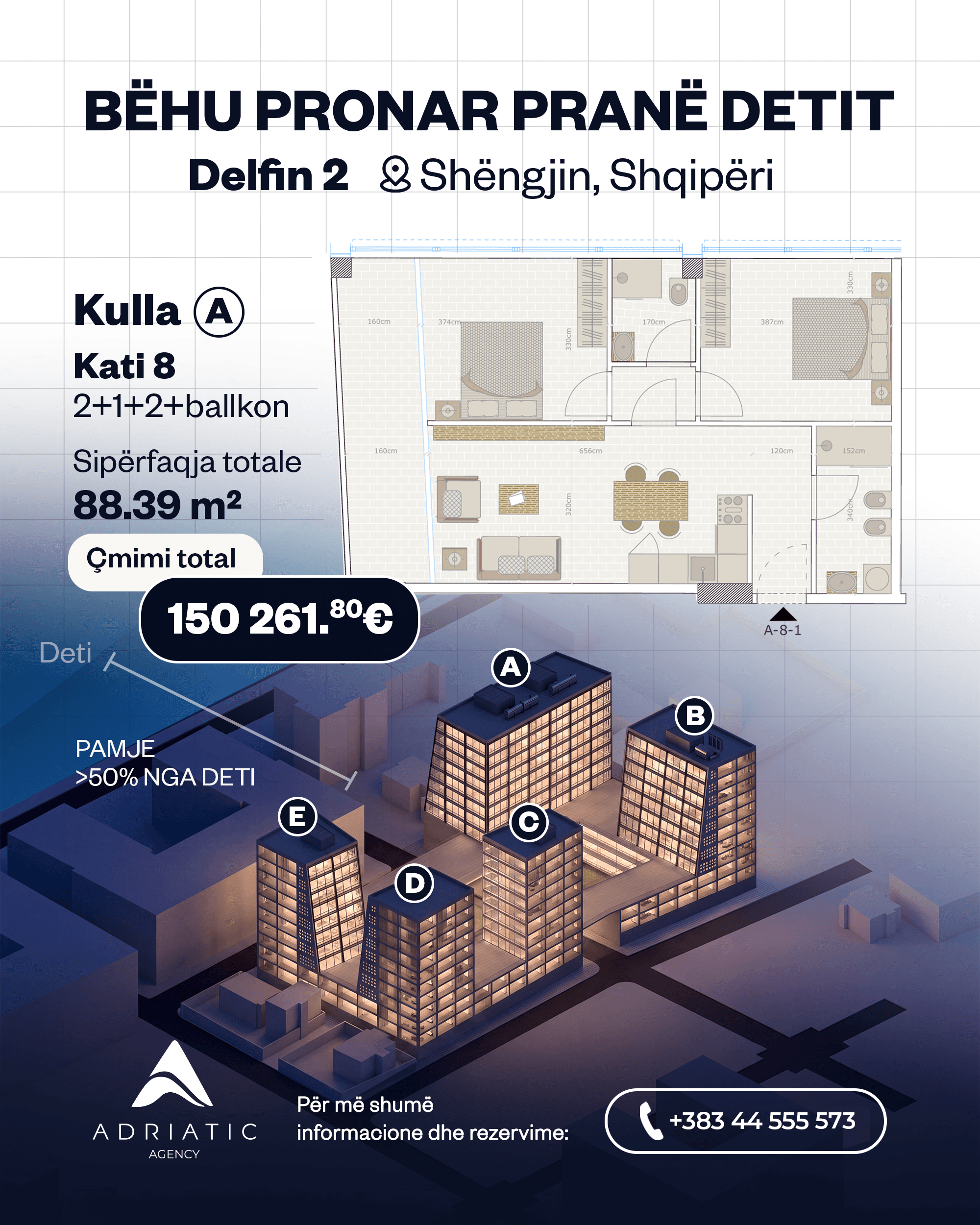 Apartament 2+1 me ballkon te Kompleksi Delfini, Shëngjin 3